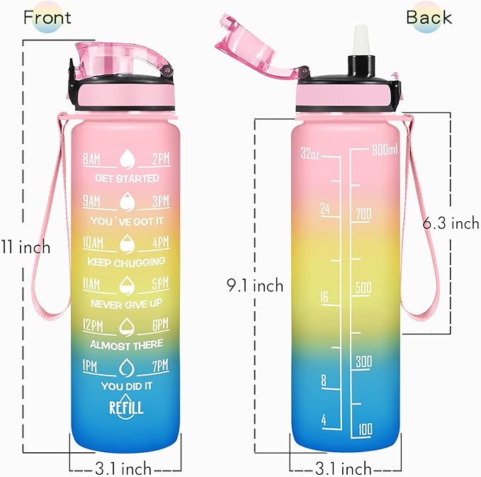 Enerbone Water Bottle, Leakproof BPA & Toxic Free, Motivational Water Bottle with Times to Drink and Straw, Fitness Sports Water Bottle with Strap for Office, Gym, Outdoor Sports