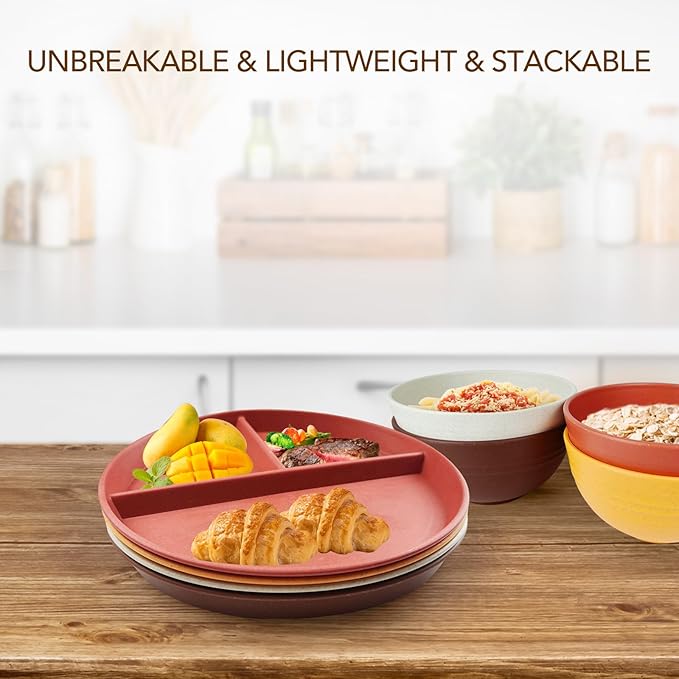 greenandlife 9 Inch 4PCS Unbreakable Portion Control Plates, Divided Plates for Kids Adults, Dishwasher & Microwave Safe Compartment Plate, Lightweight Reusable Wheat Straw Plate, BPA Free
