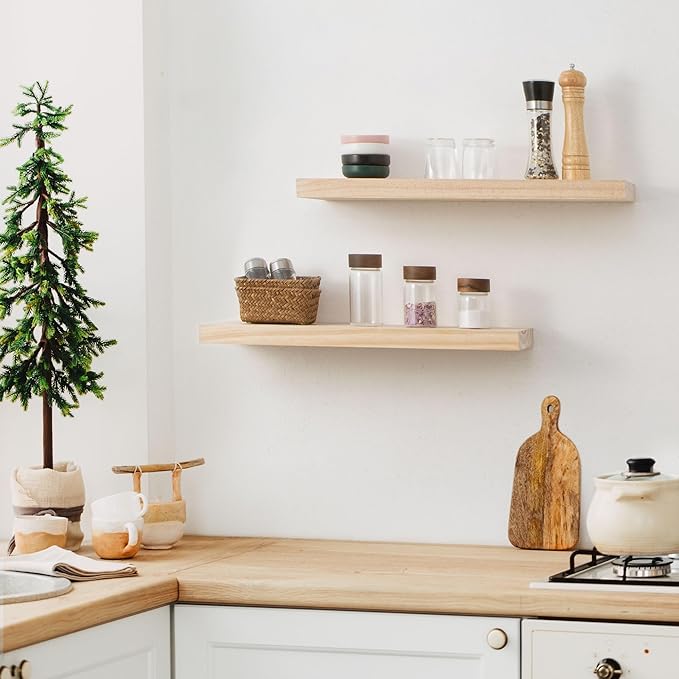 Fun Memories Farmhouse Floating Shelves - 8 Inch Deep Rustic Wood Wall Shelf - Premium Solid Pine Wood Storage Shelf for Kitchen Living Room Bedroom - 24" W x 8" D - Set of 2 - No Stain - Unfinished