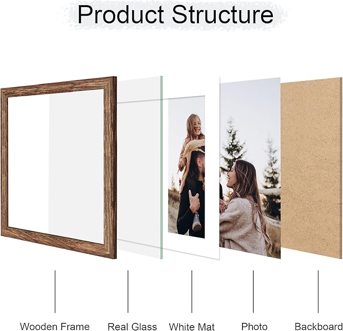 12x12 Picture Frame Set of 4, 12 x 12 Wood Photo Frames with Mat for 10x10 or 30x30cm Diamond Painting Art, Wooden Frame with Real Glass Cover for Wall and Tabletop Display,Rustic Brown