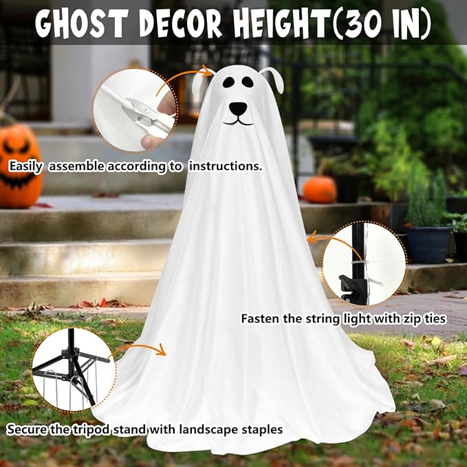 DAZONGE Halloween Decorations, Light-Up Freestanding Spooky Ghost Dog with Remote String Lights Battery Operated, Halloween Ghost Dog for Front Door Porch Yard Lawn Home Party