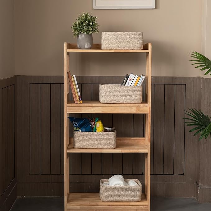 4 Pack Small Storage Shelf Baskets for Organizing, Mini Woven Rope Storage Bins for Towels, Cute Decorative Closet Organizer，Baby Nursery, Gift Empty Baskets -13''Lx8.66''Wx5.11''H-Brown