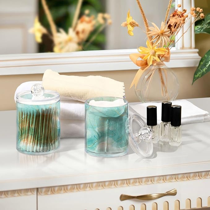 2 Pack Qtip Holder Dispenser Turquoise Marble Bathroom Storage Canister Lid Acrylic Plastic Apothecary Jar Set Vanity Makeup Organizer for Cotton Swabs/Pads/Floss