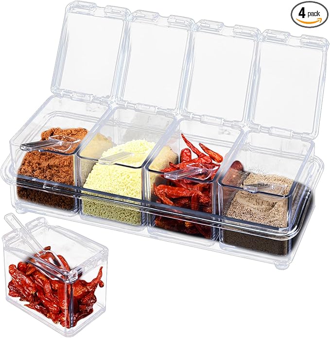 Clear Spice Containers, 4 Pieces Condiment Container with Lids for Salt Sugar, Acrylic Spice Rack Spice Container with Spoon
