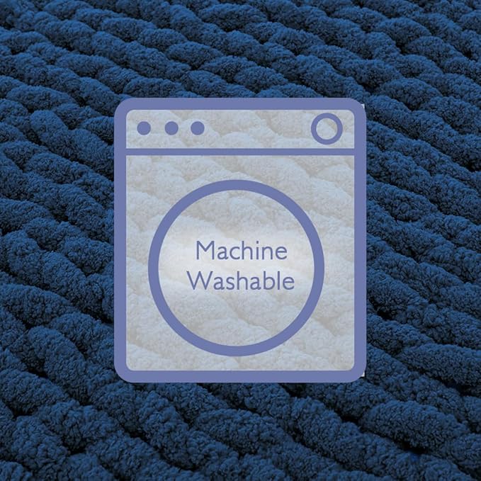 Bigacogo Chunky Knit Throw Blanket for Couch, 40x80 inches, 100% Hand Knitted with Thick Jumbo Chenille Yarn, Cozy Soft Large Rope Knot Cable Crochet Blankets for Sofa Bed Living Room, Navy Blue