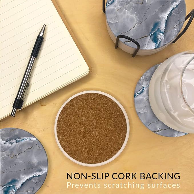 Emerson Coasters for Drinks Absorbent – Natural Stone Drink Coasters Set with Holder, Coasters for Coffee Table, Wooden Tabletop Protection Marble Style – 100% Heavy Duty Set of 6 (Graphite)