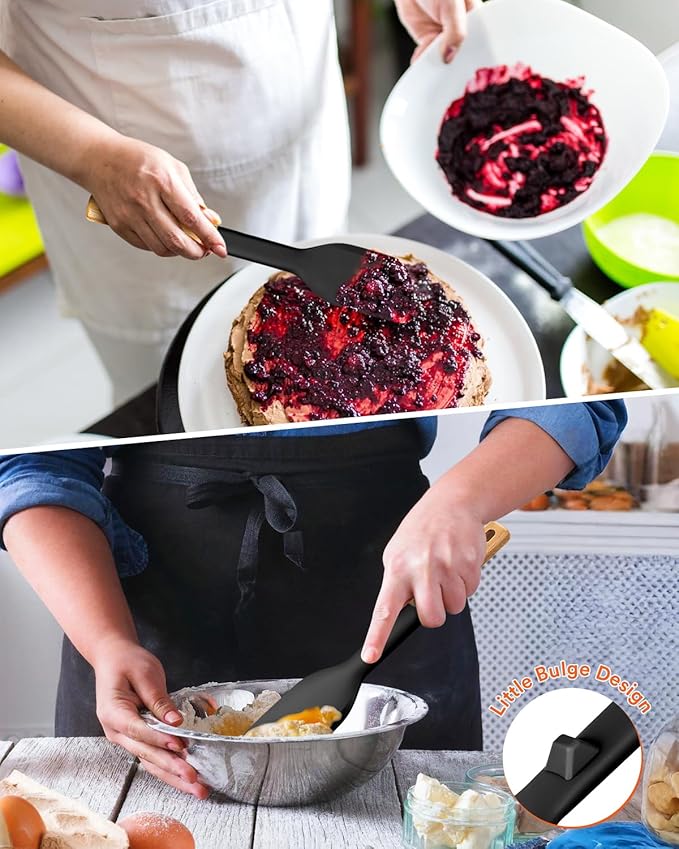 Cooking Spoon and Scraper for Nonstick Cookwares, Great for Cooking and Serving Durable BPA-Free Matte Silicone, Wood Handle Multifunction Spoon for Mixing, Scoop, and Scrape (BLACK)