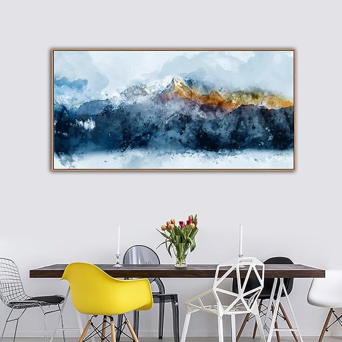 Framed Canvas Wall Art Indigo Abstract Mountain Pictures Wall Decor Blue Grey Orange Mountain Peaks Canvas Painting Prints Modern Abstract Artwork for Living Room Bedroom Decoration 29" X 58"