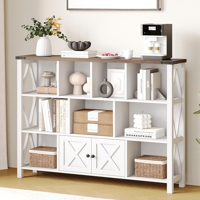 11 Cube Storage Organizer Bookshelf, Wooden Open Cube Shelf Bookcase, Farmhouse Display Book Shelf, 3 Tier Cube Bookshelves with Storage, Rustic White