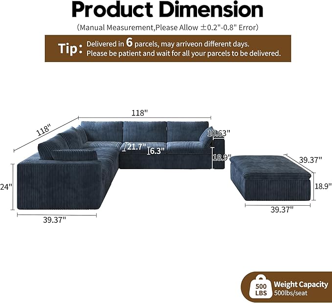 118" 6-Seater Cloud Sofa,Modular Sectional Couch with Ottoman,Modern Deep Seat Upholstered Couches with Plush Corduroy Fabric for Living Room Furniture,Bedroom and Apartment,No Assembly Required,Blue