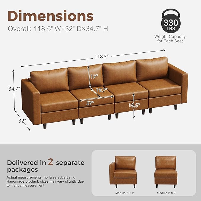 118.5" Faux Leather Modular Sectional Sofa with Storage Seat, Oversized 4 Seater Couch Deep Seat with Removable Cover Brown