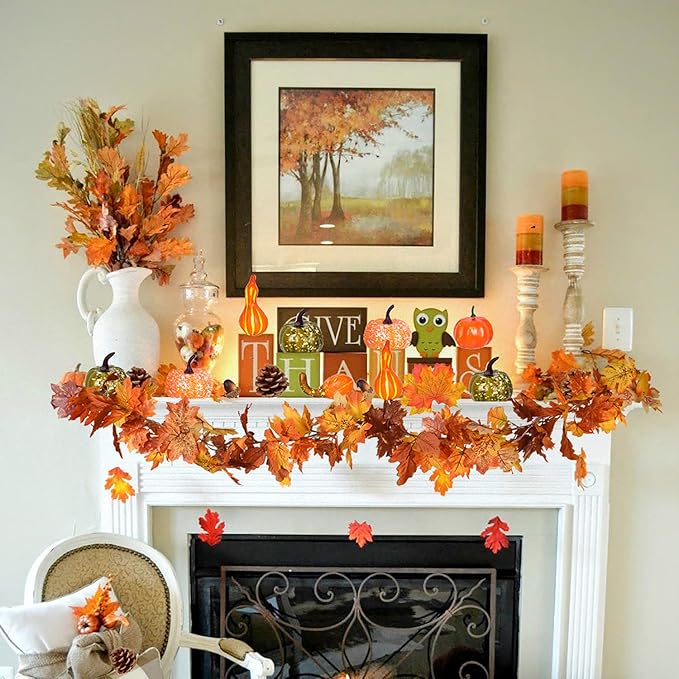 DearHouse 2 Pack Fall Maple Leaf Garland - 5.9Ft/Piece Hanging Vine Artificial Autumn Foliage for Thanksgiving, Home, Wedding, Fireplace, Party, Christmas Decor (Light Orange)