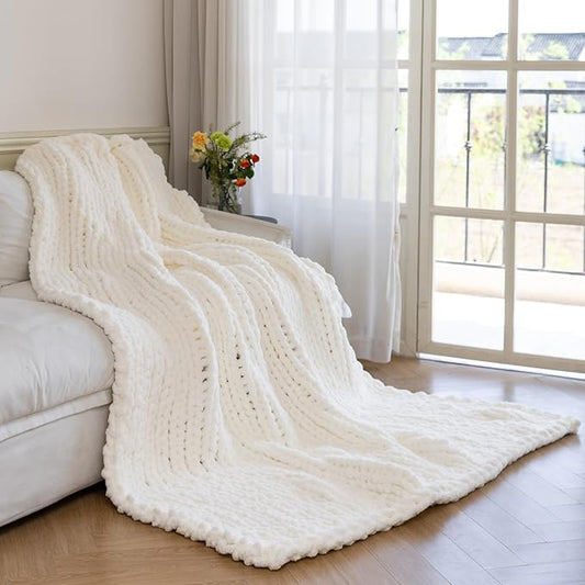 Chunky Knit Blanket - Luxury Soft Cozy 40 * 50 Throw Blanket,100% Woven Blanket Rope Knot Throw Blanket for Couch, Sofa, Home Decor, Gift - Machine Washable（Milk White）