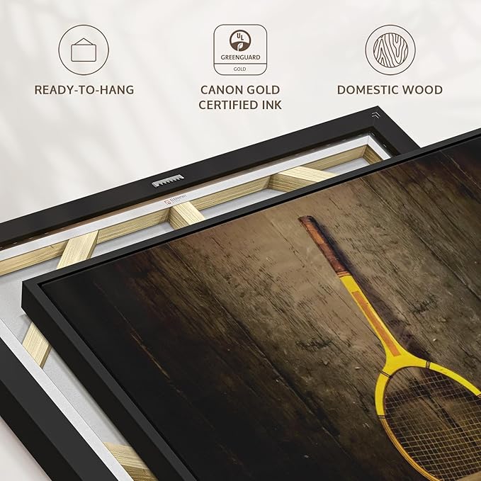 ElephantStock Vintage Tennis Racket Wall Art - Horizontal Framed Canvas - 1-Piece Living Room Wall Decor - Photography Sports Canvas Print - Brown and Black Decor for Wall - 25" X 17"