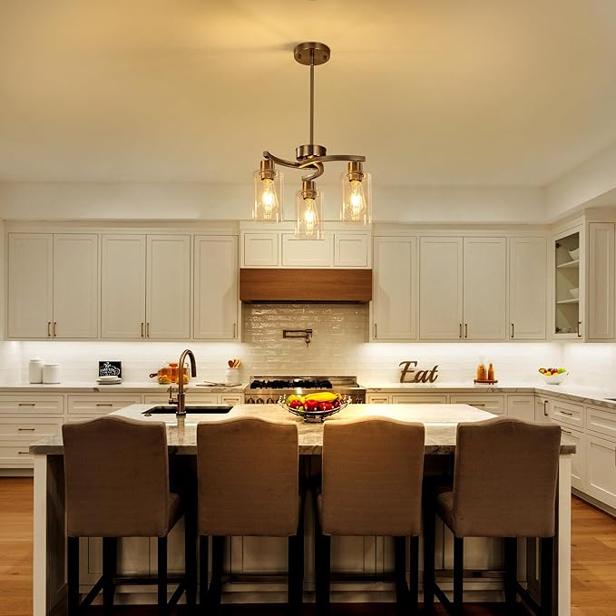 3-Light Brushed Nickel Dining Room Light Fixture,Modern Kitchen Chandeliers Over Table，Adjustable Height Industrial Hanging Pendant Lights for Kitchen Island with Glass Shade