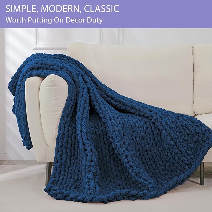 Bigacogo Chunky Knit Throw Blanket for Couch, 40x80 inches, 100% Hand Knitted with Thick Jumbo Chenille Yarn, Cozy Soft Large Rope Knot Cable Crochet Blankets for Sofa Bed Living Room, Navy Blue