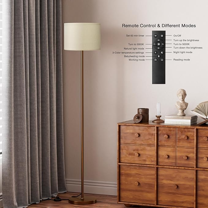 Ambimall Floor Lamps for Living Room with Remote Control and Stepless Dimmable Colors Temperature & Brightness, 9W Bulb Included(Beige Lampshade & Brown Pole)