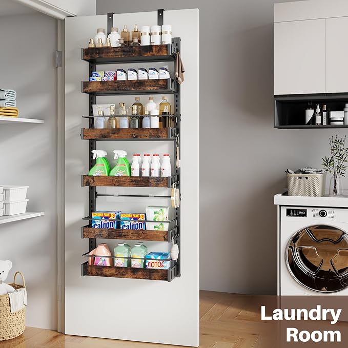 6 Tier Over The Door Pantry Organizer, 2 IN 1 Wall Mount or Metal Hanging Spice Rack for Pantry Organizers and Storage, Seasoning Shelves，Adjustable Basket with Hooks for Kitchen, Bathroom,Laundry