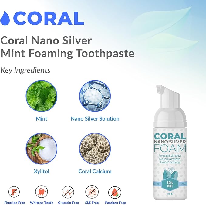 Coral Nano Silver Foaming Toothpaste, Natural Fluoride Free Toothpaste, SLS and Glycerin Free, Cool Mint, 4 Ounce