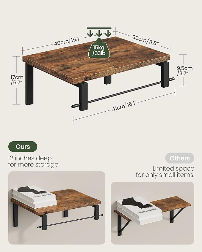 Deep Floating Shelves for Wall, 12 inch Wall Mounted Shelves Set of 2, Wide Floating Shelves for Living Room, Bedroom, Study, Bathroom, Rustic Brown and Black TBJ02P2BF