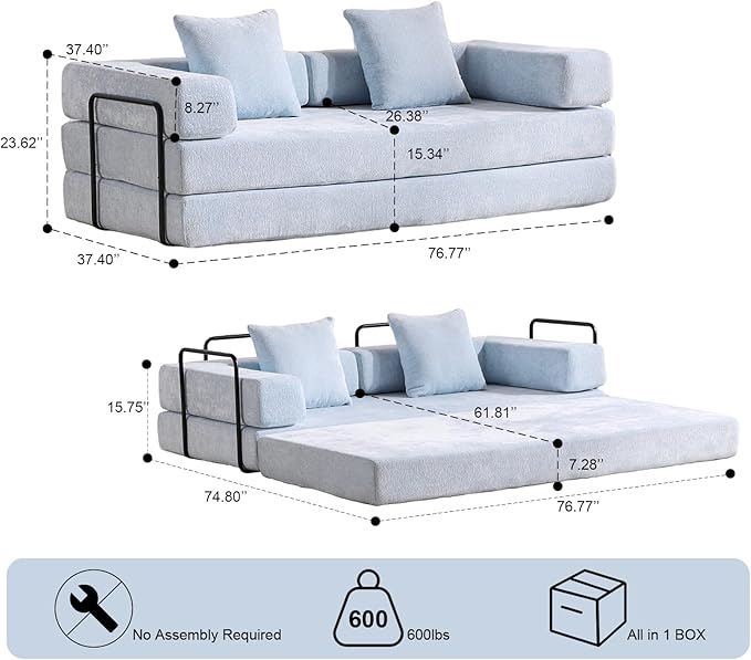 Convertible Sleeper Sofa Bed, Compression Folding Sofa with Pillow, No Assembly Required, Shape Frame, Floor Sofas Lounge Couch for Living Room, Bedroom, Small Spaces(Chenille, 77''W, Light Blue)