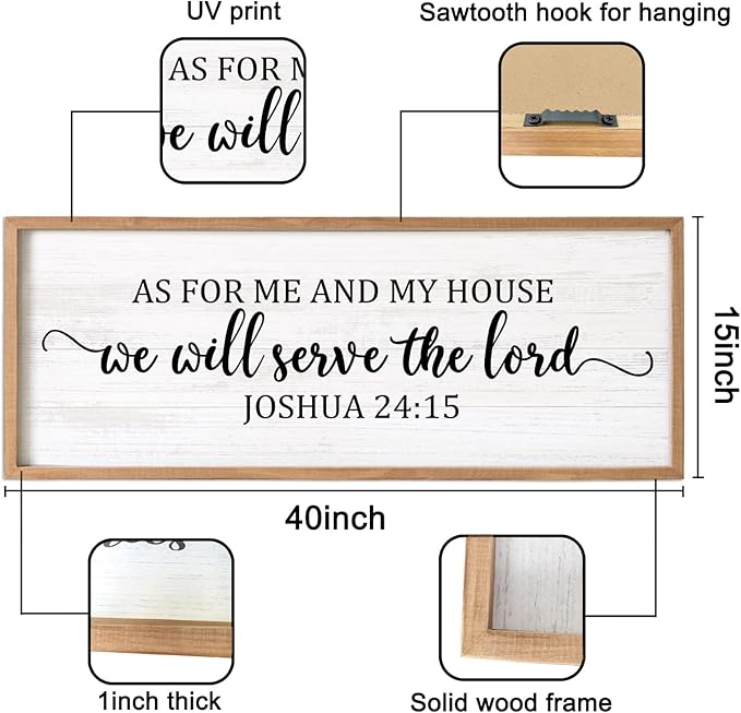 As For Me And My House We Will Serve The Lord Framed Wall Art, 40''×15'' Horizontal Positive Religious Rustic Bible Verse for Christian God Jesus Christ Prayer, Vintage Holy Catholic Scripture Decor