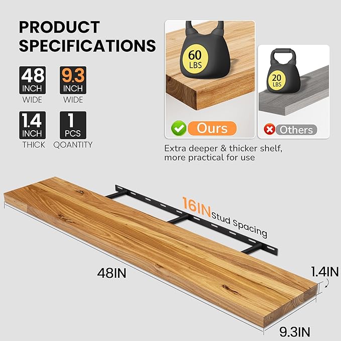 Fun Memories Floating Shelves for Wall, 48"x9.3" Rustic Solid Elm Wood Shelves, Heavy-Duty Wall Mounted Shelves with Invisible Brackets for Living Room, Bedroom, Kitchen, Natural Finish