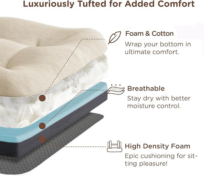 Codi Dining Chair Cushions 4 Pack, Thick Chairs Pads for Indoor Kitchen Room - Washable, Non-Slip Seat Cushion with Ties, 16.5"x16.5"x 3.5", Set of 4, Beige