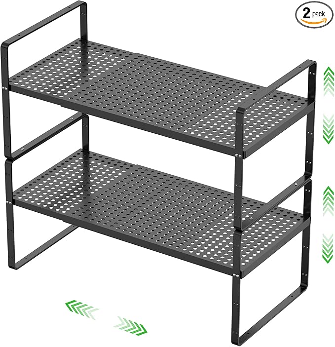 Expandable Cabinet Storage Shelf Stackable Organizer Rack for Kitchen Bathroom Pantry Spice Cupboard Coffee Countertop Home Office Desk Heavy Duty Nonslip Black Large 2 Packs