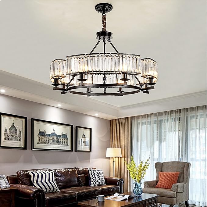 Farmhouse Crytal Chandeliers Dining Room Pendant Light Fixture Black Chandelier with K9 Crystal for Living Room Dining Room Foyer High Ceiling
