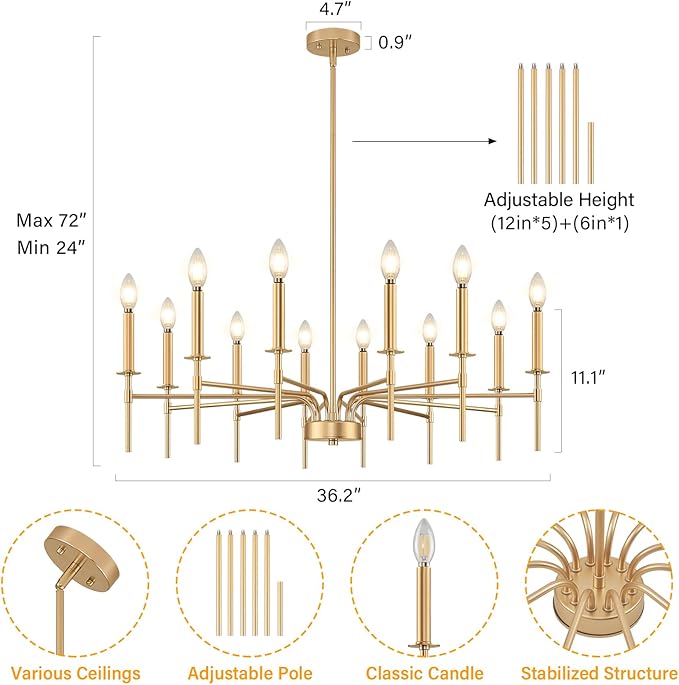 12 Light Gold Chandelier Light Fixture, Modern Farmhouse Chandeliers for Dining Room Light Fixture, Metal Candle Pendant Chandelier for Foyer Entryway Stairs Living Room Bedroom Kitchen