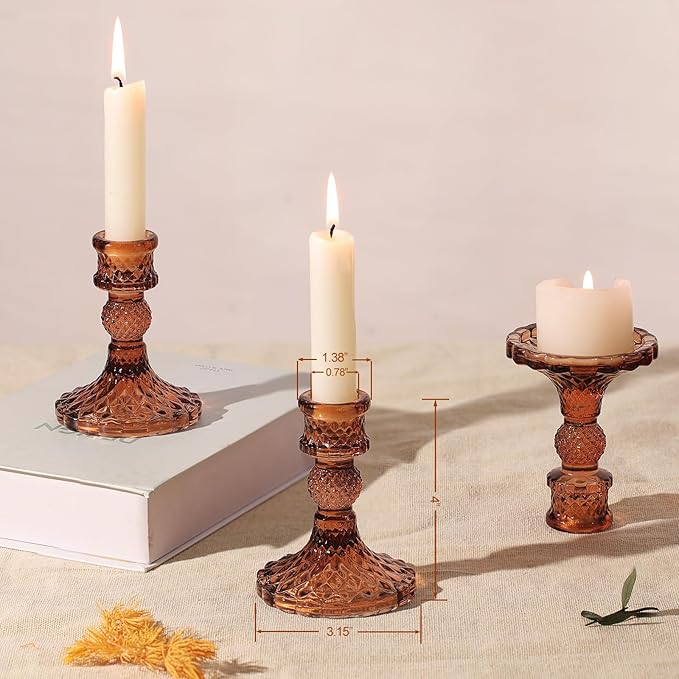 12Pcs Amber Candlestick Holders Set- 4" H Taper Candle Holders Bulk, Glass Candle Holders for Wedding, Party, Fall Dinner Table Centerpieces, Festival Gifts & Windowsill Decor