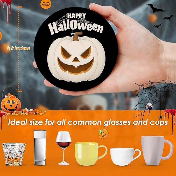 Coaster for Drinks Set of 6, Happy Halloween Pumpkin Spider Web Black Absorbent Round Ceramic Stone Mat, with Cork Base and Metal Holder, Gift for Housewarming Room Bar Decor