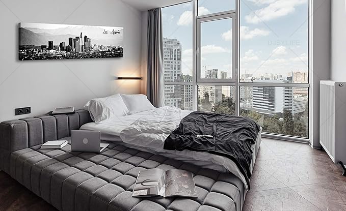 DJSYLIFE Los Angeles Skyline Wall Art Black and White USA Panoramic Cityscape Picture Canvas Prints Artwork for Bedroom Men Room Office Decoration Painting Ready to Hang 13.8"x47.3"