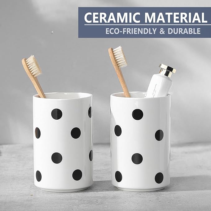 Black Polka Dot Ceramic Toothbrush Holders White - 2 Cups Toothbrush Holders for Bathrooms Toothbrush Toothpaste Holders, White Bathroom Tumbler Cups, Reusable Toothbrush Cups
