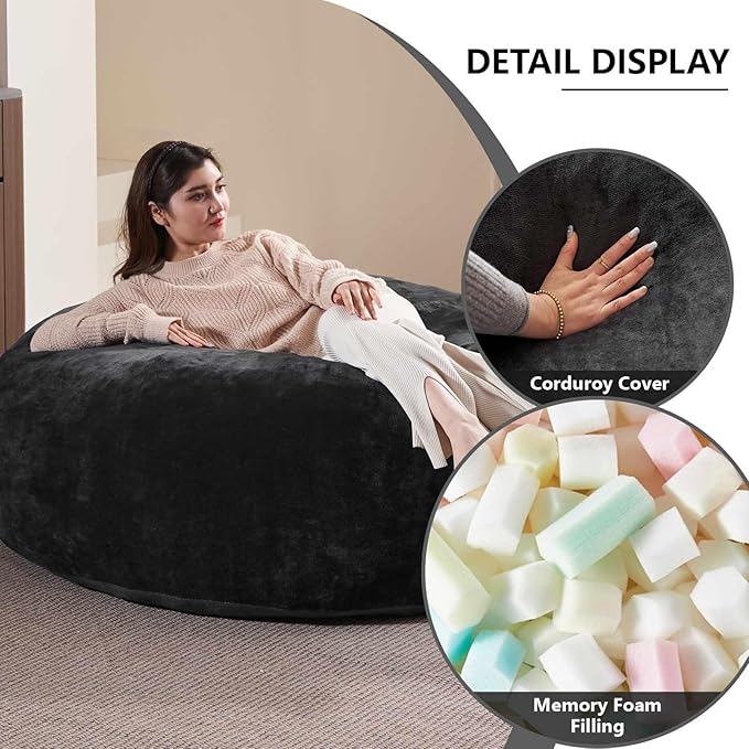 5FT，Big Bean Bag Chairs for Adults，Large beanbag with Filler Included，Memory Foam Material，Easy to Clean and Washable Corduroy Fabric，Suitable for Living Room and Bedroom (Black, 5 Foot)