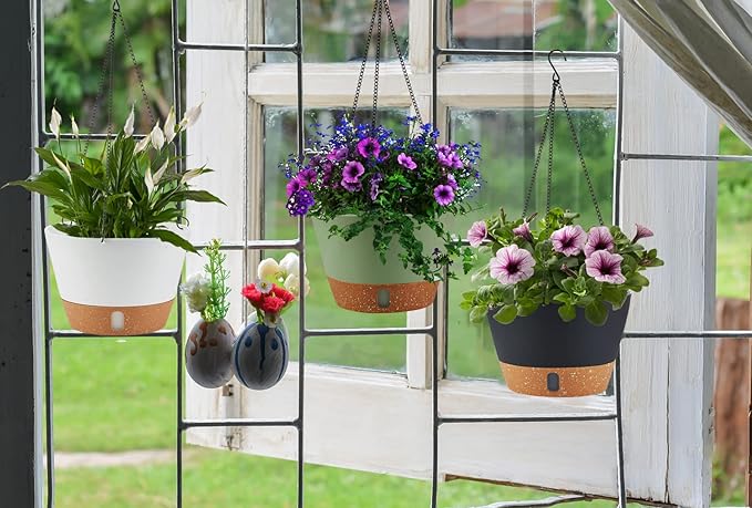 2 Pack Hanging Planters for Indoor Outdoor Plants, 10 Inch Hanging Flower Pot Basket with Drainage Hole with Removable Tray&Hooks Self Watering Plant Pot for Hanging Plants, Dark Grey