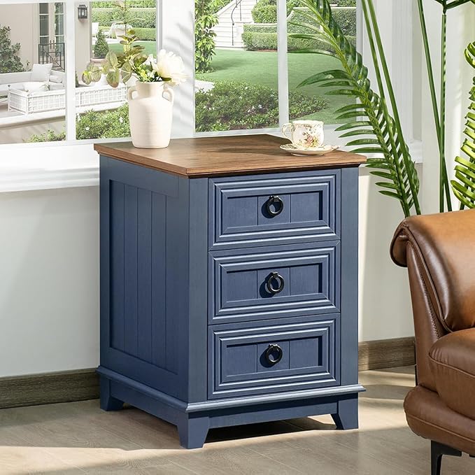 18" Farmhouse Night Stands Set of 2 with Charging Station, 2 & 3 Drawers End Table Dresser for Bedroom, Blue Wooden Nightstand, Bed Side Table with Open Shelf, Bedside Cabinet for Living Room