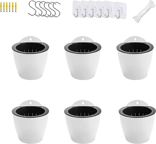 6 Pack White Hanging Planter Pots Self Watering Vertical Garden Wall Mount Window Hang Round Plastic Container Indoor Outdoor for Plants Flowers Succulent Kitchen Living Herbs Holder Decor(Large)