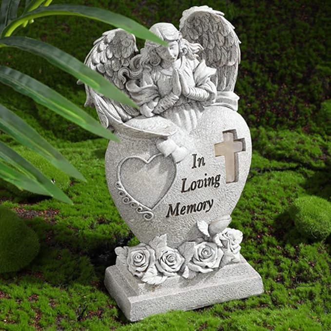 Garden Angel Statue with Cross Solar LED Light, Memorial Gifts for Loved Ones, Cemetery Grave Decorations