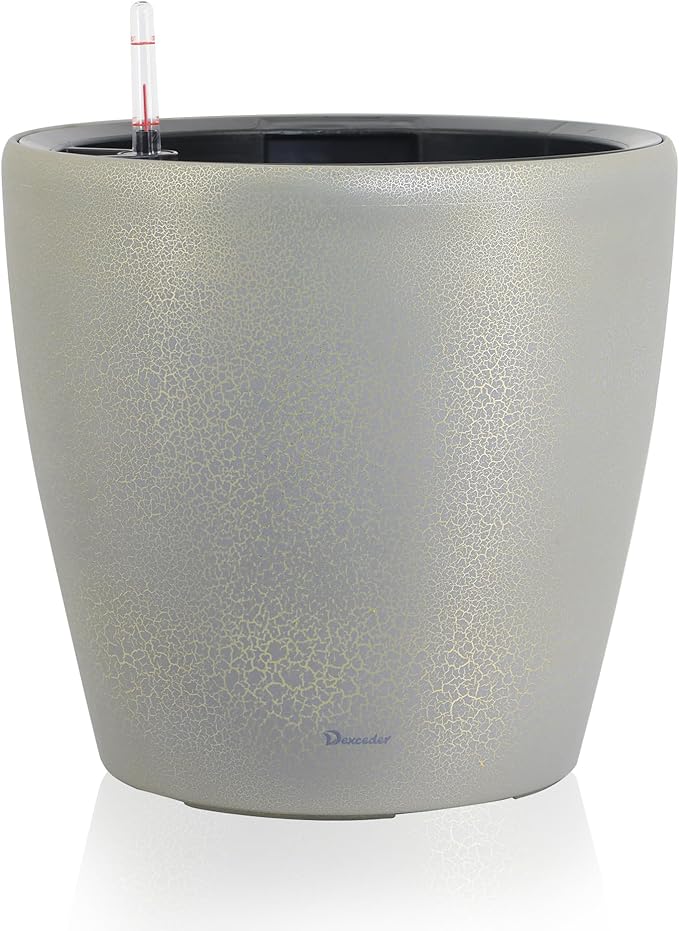 Dexceder 13x12 Self Watering Planter with Wheels Indoor Outdoor, Inner Pot Design, Thickened Large Floor Standing Flower Plant Pot with Water Level Indicator (Grey Gold Crackle)