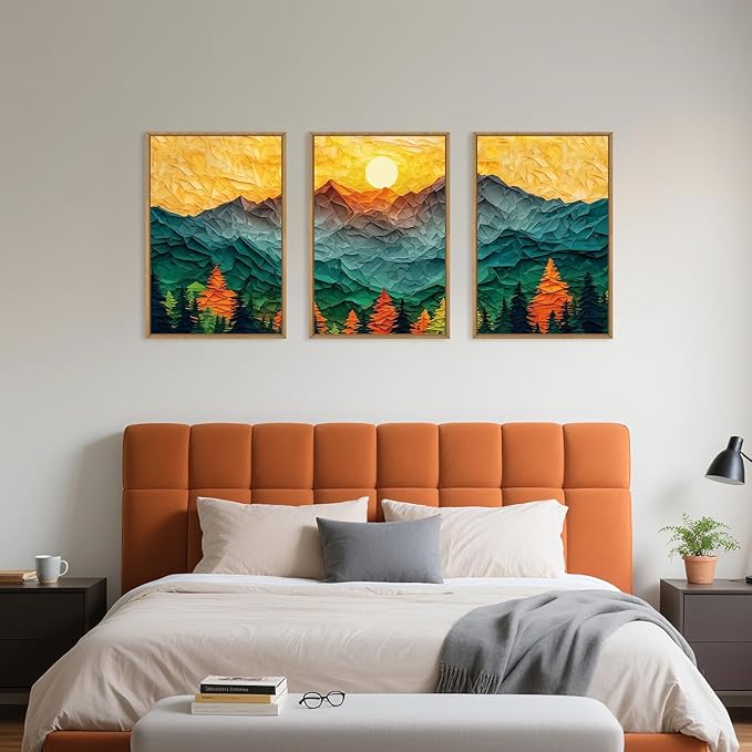 Celestdeco Abstract Mountain Framed Canvas Wall Art Set, Forest Pine Tree Golden Sunset Wall Decor, Mixed Patchwork Landscape Art Print for Living Room, Bedroom, Dining Room, Office - 24"x36"x3