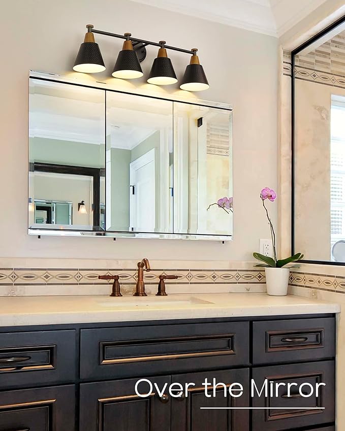 FEMILA Bathroom Vanity Light, 4-Lights Bathroom Light Fixtures Over Mirror, Modern Wall Mounted Lamp, Hammered Metal Shade, 4FG59B-4W BK