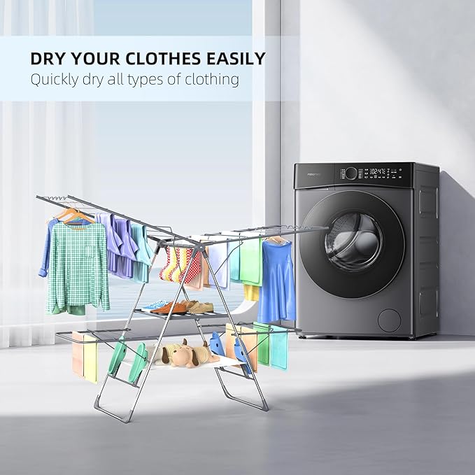 Clothes Drying Rack, Foldable 2-Level Laundry Racks for Drying Clothes Rack,Stainless Steel Drying Rack Clothing Collapsible for Indoor Outdoor,with Height-Adjustable Wings,33 Drying Rails,Gray