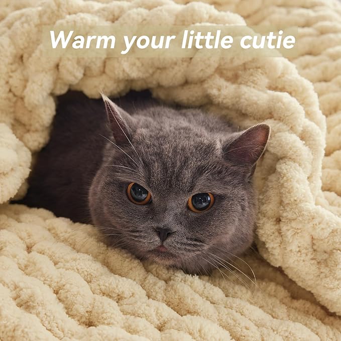 Chunky Knit Throw Blanket, 50''*60'' Knitted Throw Chenille Yarn for Bed Couch, Handmade Oatmeal Crochet Big Thick Blanket, Machine Washable Cute Comfy Blanket for Home Decor