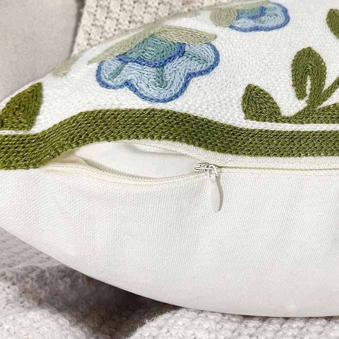 Alysheer Floral Embroidered Summer Decorative Throw Pillow Cover 18"x 18", Farmhouse Cottage Blue Flowers Green Leaves Knit Pattern Cotton Canvas Cushion Case for Sofa Couch Bed Living Room Decor
