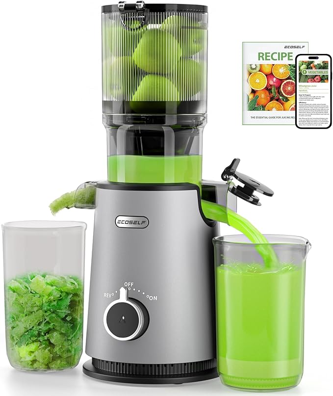 Cold Press Juicer, ECOSELF Juicer Machines with 4.35" Large Feed Chute Fit Whole Fruits & Vegetables, Self Feeding for Juice Extractor Machine, Easy to Clean and Assemble, High Juice Yield