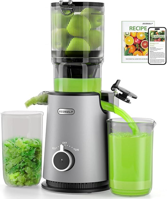 Cold Press Juicer, ECOSELF Juicer Machines with 4.35" Large Feed Chute Fit Whole Fruits & Vegetables, Self Feeding for Juice Extractor Machine, Easy to Clean and Assemble, High Juice Yield