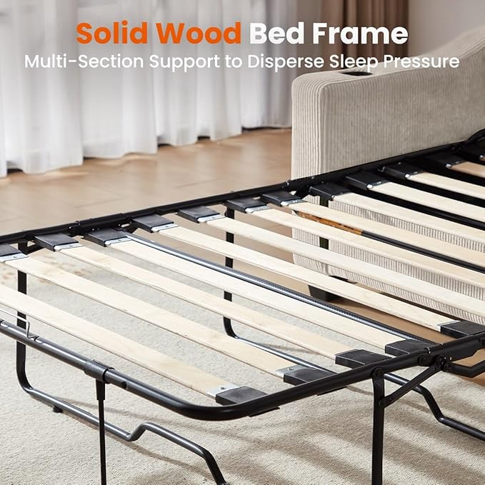 CHIC HOUSE Pull Out Sofa Bed, Full Size Sleeper Sofa, 2-in-1 Convertible Corduroy Couch with USB Charging, Memory Form Couch for Living Room, Apartment and Small Space (Beige, Corduroy - Full Size)