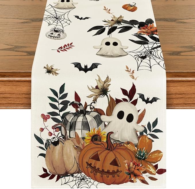 Artoid Mode Pumpkin Ghost Leaves Spider Web 210 GSM Halloween Table Runner, Spooky Kitchen Dining Table Decoration for Home Party Decor 13x60 Inch